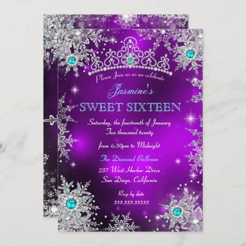 Teal Purple Winter Wonderland Sweet 16 Snowflakes Invitation