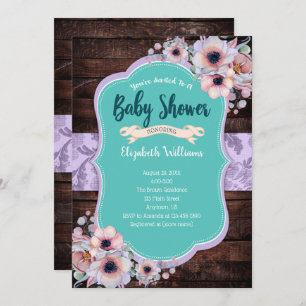 Teal Purple Wood Watercolor Flowers Baby Shower Invitation