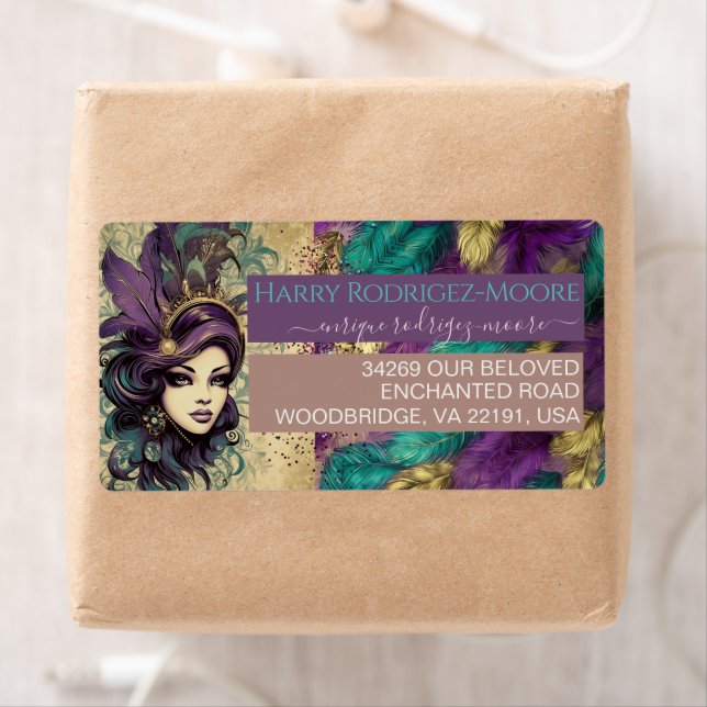 Teal purple yellow Mardi Gras theme custom  Label (Insitu)