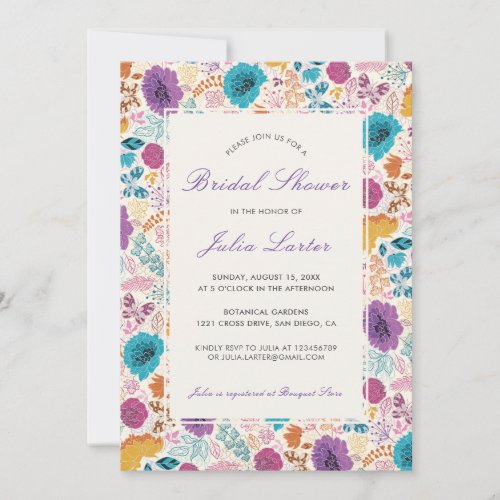 Teal Purple Yellow Spring Meadow Bridal Shower Invitation