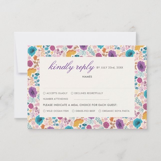 Teal Purple Yellow Spring Meadow Flowers RSVP Card (Front)