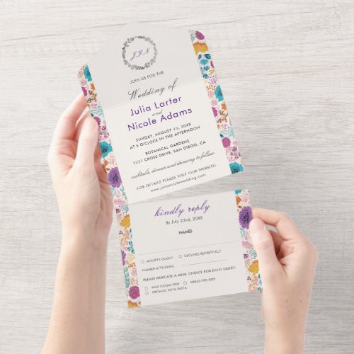 Teal Purple Yellow Spring Meadow Flowers Wedding All In One Invitation