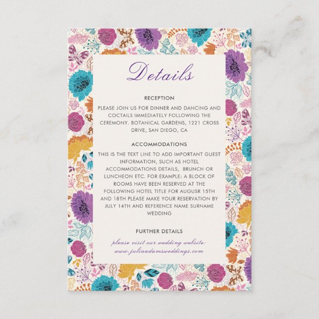 Teal Purple Yellow Spring Meadow Flowers Wedding Enclosure Card (Front)