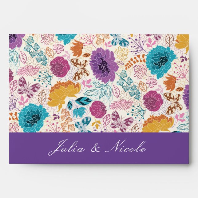 Teal Purple Yellow Spring Meadow Flowers Wedding Envelope (Front)