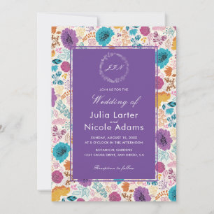 Teal Purple Yellow Spring Meadow Flowers Wedding Invitation