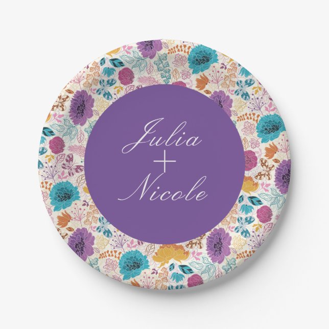 Teal Purple Yellow Spring Meadow Flowers Wedding Paper Plates (Front)