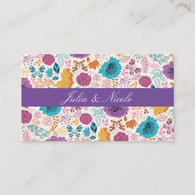 Teal Purple Yellow Spring Meadow Flowers Wedding Place Card (Front)