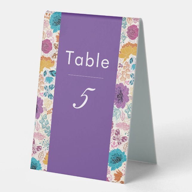 Teal Purple Yellow Spring Meadow Flowers Wedding Table Tent (Front)