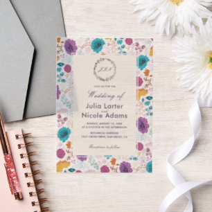 Teal Purple Yellow Spring Meadow Flowers Wedding Vellum Invitations