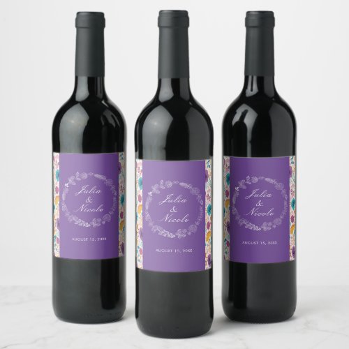 Teal Purple Yellow Spring Meadow Flowers Wedding Wine Label