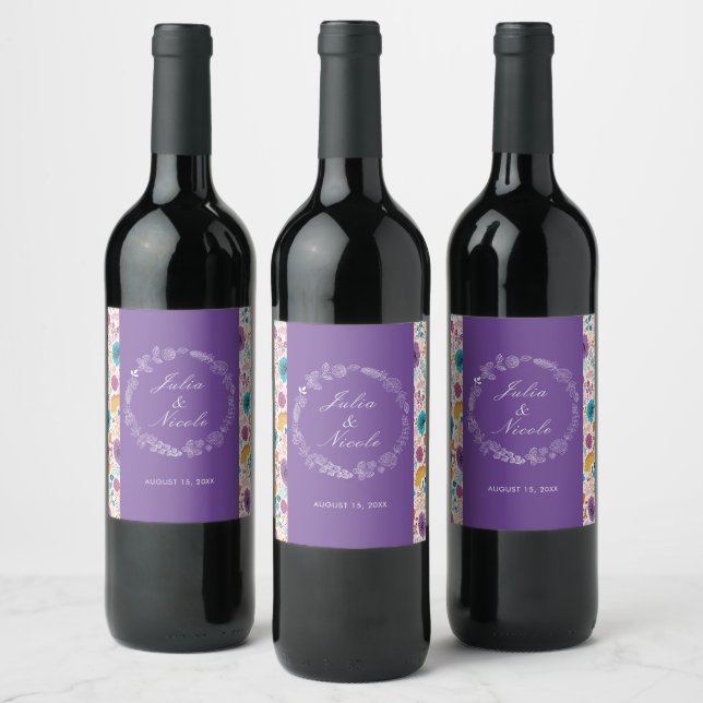 Teal Purple Yellow Spring Meadow Flowers Wedding Wine Label (Bottles)