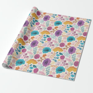 Teal Purple Yellow Spring Meadow Flowers Wedding Wrapping Paper