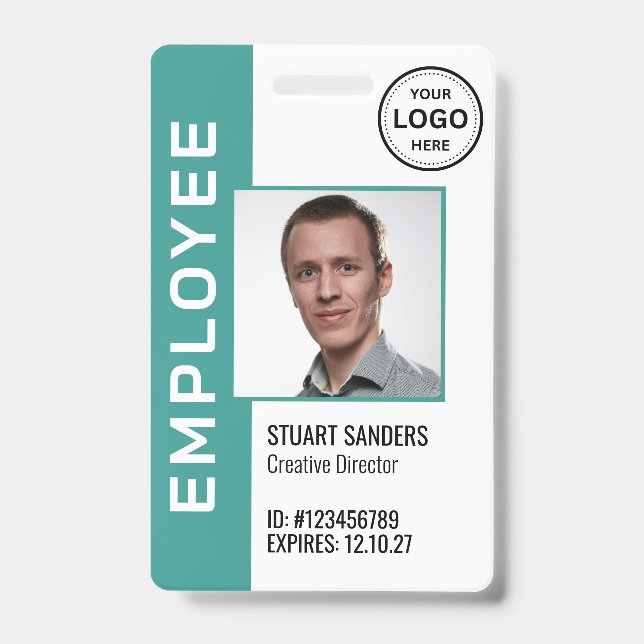 Teal QR Code Corporate Logo Employee Photo Badge (Front)
