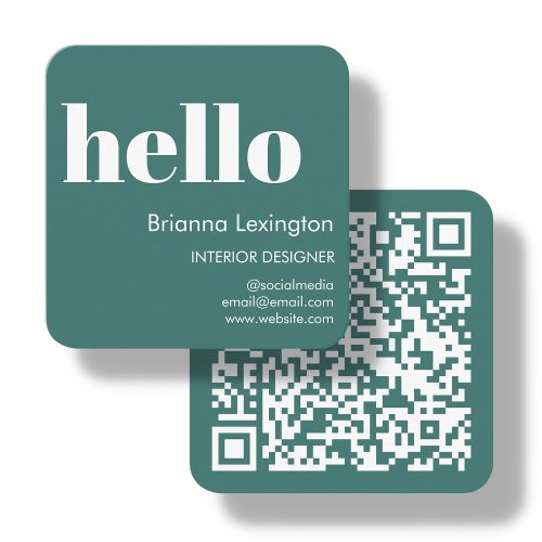 Teal  QR Code Social Media Hello Square Business Card