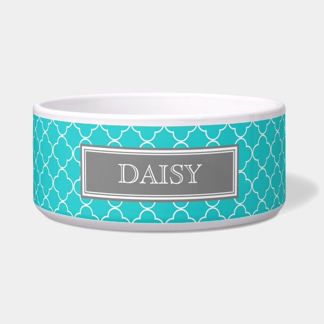 Teal Quatrefoil Custom Name Dog Bowl (Front)