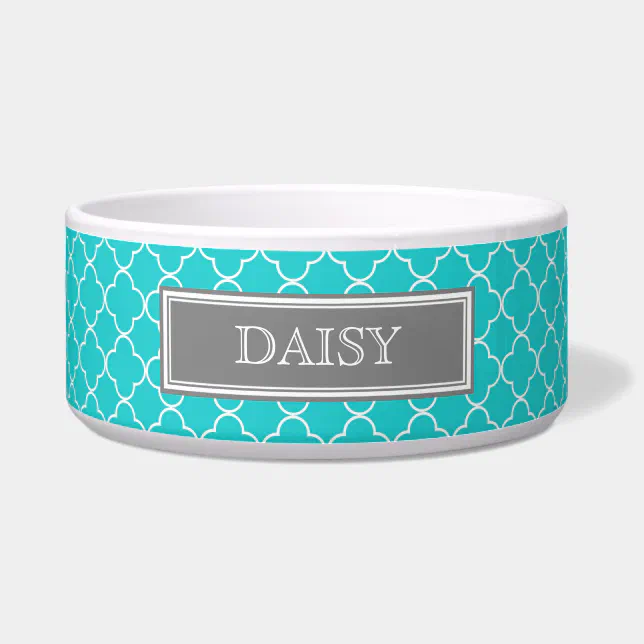 Teal Quatrefoil Custom Name Dog Bowl Zazzle