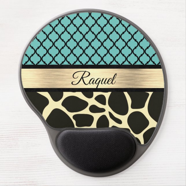 Teal Quatrefoil Giraffe Print Personalized        Gel Mouse Pad (Front)