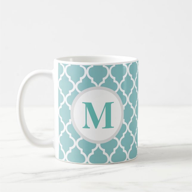Teal Quatrefoil Moroccan Monogram Coffee Mug (Left)