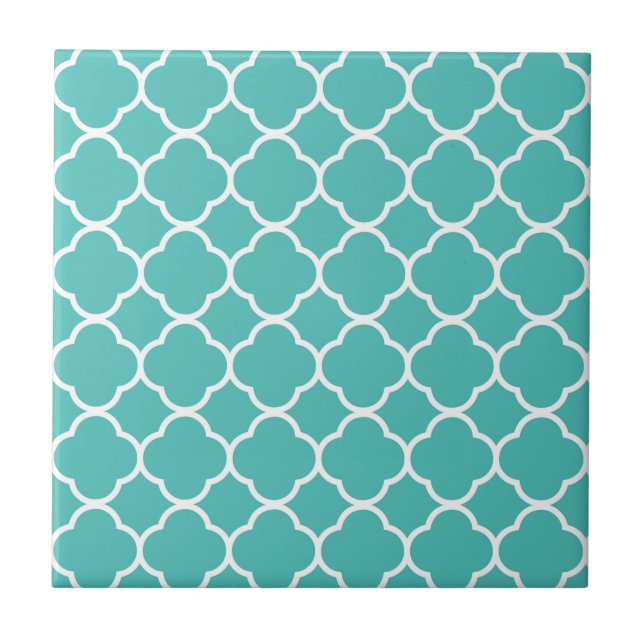 Teal Quatrefoil Pattern Ceramic Tile (Front)