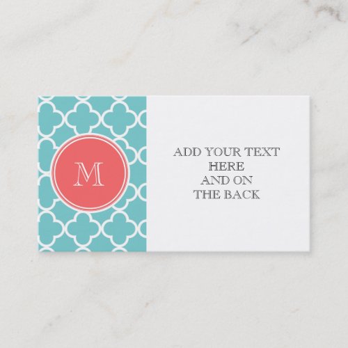 Teal Quatrefoil Pattern, Coral Monogram Business Card Templates