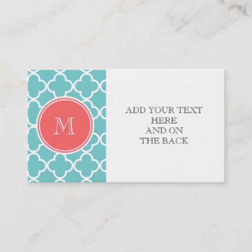 Customizable Teal Quatrefoil Pattern, Coral Monogram Business Card Templates