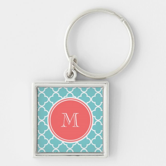 Teal Quatrefoil Pattern, Coral Monogram Keychain (Front)