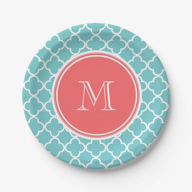 Teal Quatrefoil Pattern, Coral Monogram Paper Plates (Front)