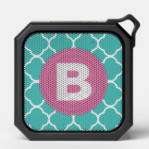 Teal Quatrefoil Pattern Custom Pink Monogram Bluetooth Speaker
