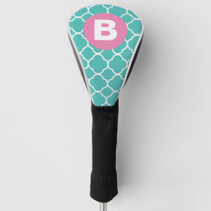 Teal Quatrefoil Pattern Custom Pink Monogram Golf Head Cover