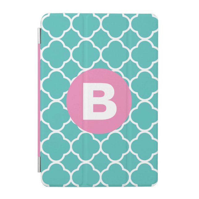 Teal Quatrefoil Pattern Custom Pink Monogram iPad Mini Cover (Front)