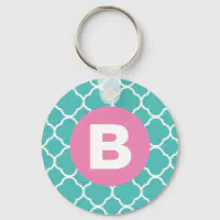 Pink and Lime Green Quatrefoil Monogram Keychain