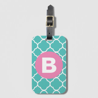 Teal Quatrefoil Pattern Custom Pink Monogram Luggage Tag