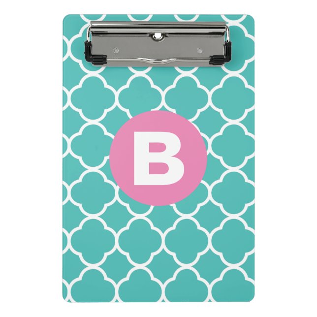 Teal Quatrefoil Pattern Custom Pink Monogram Mini Clipboard (Front)