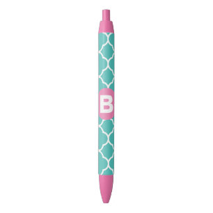 Teal Quatrefoil Pattern Custom Pink Monogram Pen
