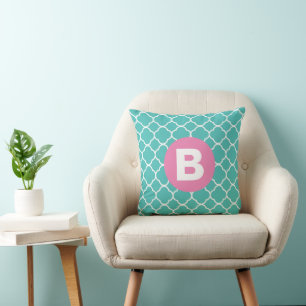 Teal Quatrefoil Pattern Custom Pink Monogram Throw Pillow
