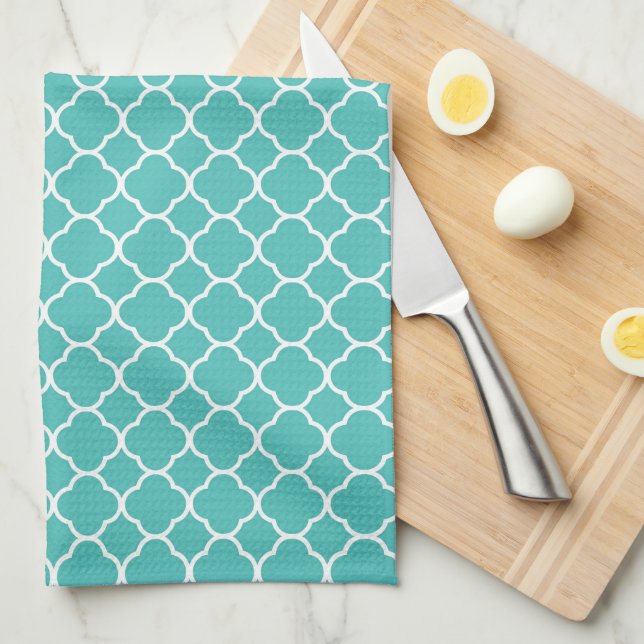 Teal Quatrefoil Pattern Kitchen Towel (Quarter Fold)