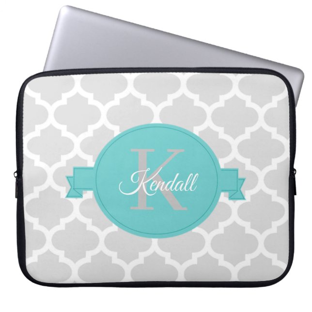 Teal Quatrefoil Personalized Laptop Sleeve (Front)