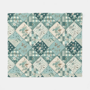 Teal Quilt Patchwork Gingham Cottagecore Floral Fleece Blanket
