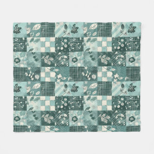 Teal Quilt Patchwork Gingham Cottagecore Floral Fleece Blanket