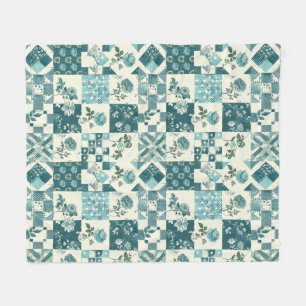 Teal Quilt Patchwork Gingham Cottagecore Floral Fleece Blanket