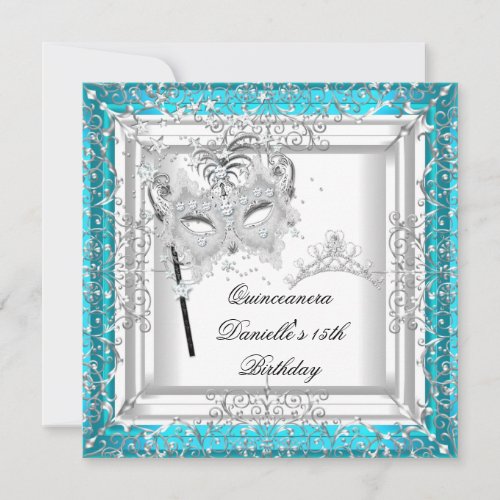 Teal Quinceanera 15th Birthday Tiara Masquerade Invitation