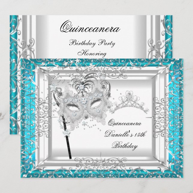 Teal Quinceanera 15th Birthday Tiara Masquerade Invitation (Front/Back)