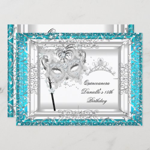 Teal Quinceanera 15th Birthday Tiara Masquerade Invitation