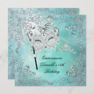 Teal Quinceanera 15th Birthday Tiara Masquerade Invitation