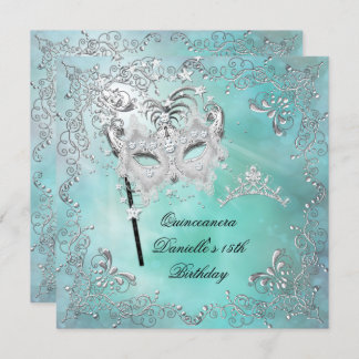 Teal Quinceanera 15th Birthday Tiara Masquerade Invitation