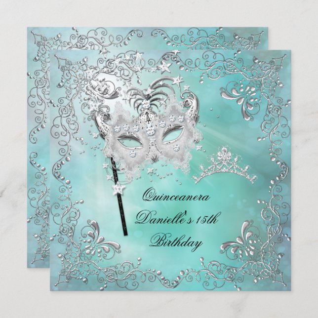 Teal Quinceanera 15th Birthday Tiara Masquerade Invitation (Front/Back)