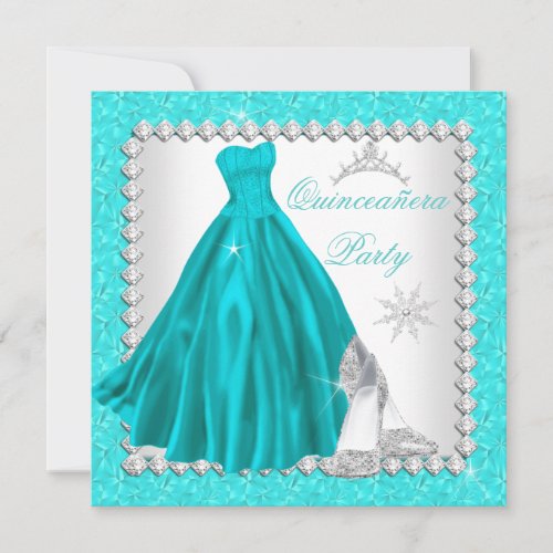 Teal Quinceanera 15th Diamond Birthday Party Personalized Invites