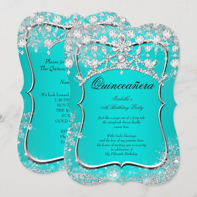 Teal Quinceanera 15th Winter Wonderland Silver Invitation (Front/Back)