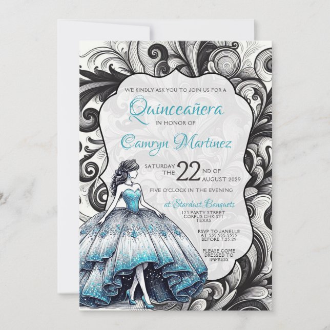 Teal Quinceañera Girl Invitation (Front)