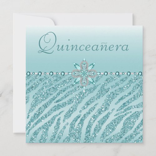 Teal Quinceanera Printed Jewels  Zebra Glitter Invitation